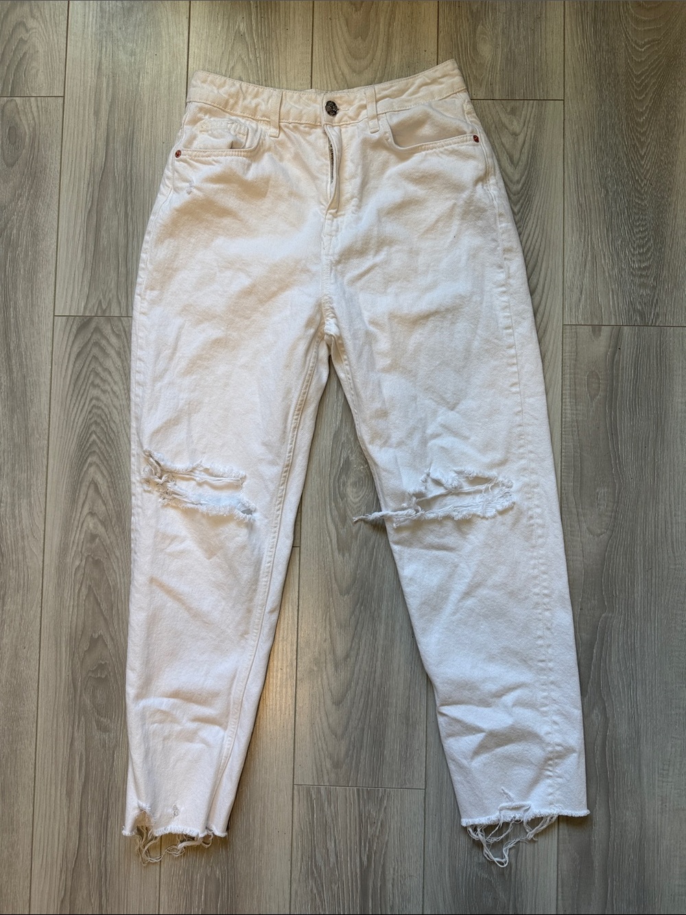 Zara High Rise Raw Hem Distressed White jeans